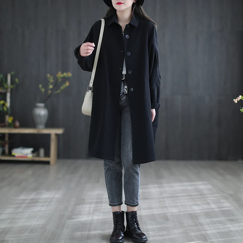 เสื้อโค้ททรงตรงสำหรับผู้หญิงไซส์ใหญ่ สไตล์เกาหลี ติดกระดุม  ใส่ได้หลากหลายโอกาส เสื้อคลุมฤดูใบไม้ร่วง แฟชั่นสำหรับใส่ไปทำงาน ทรงตรง