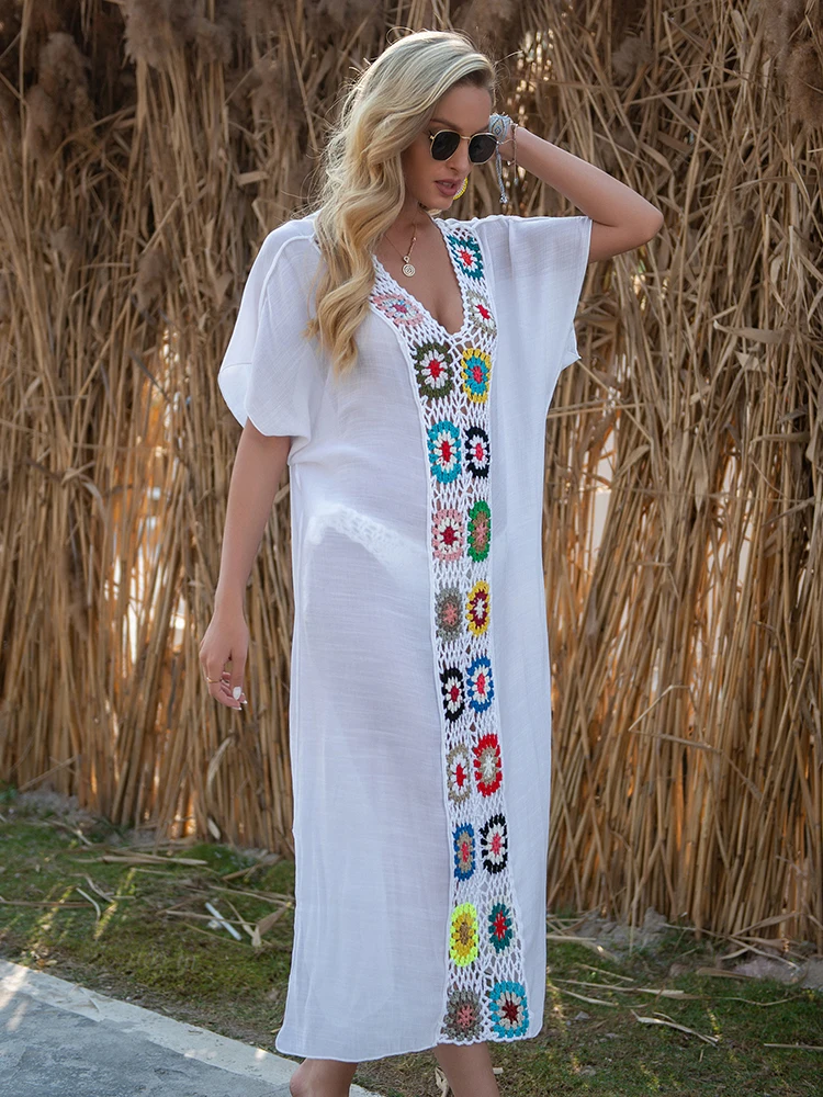 Crochet Paradise-Mini vestido de punto para mujer, ropa de playa, prendas de vestir de verano, vestido veraniego sin fijación, bata dividida, traje de baño