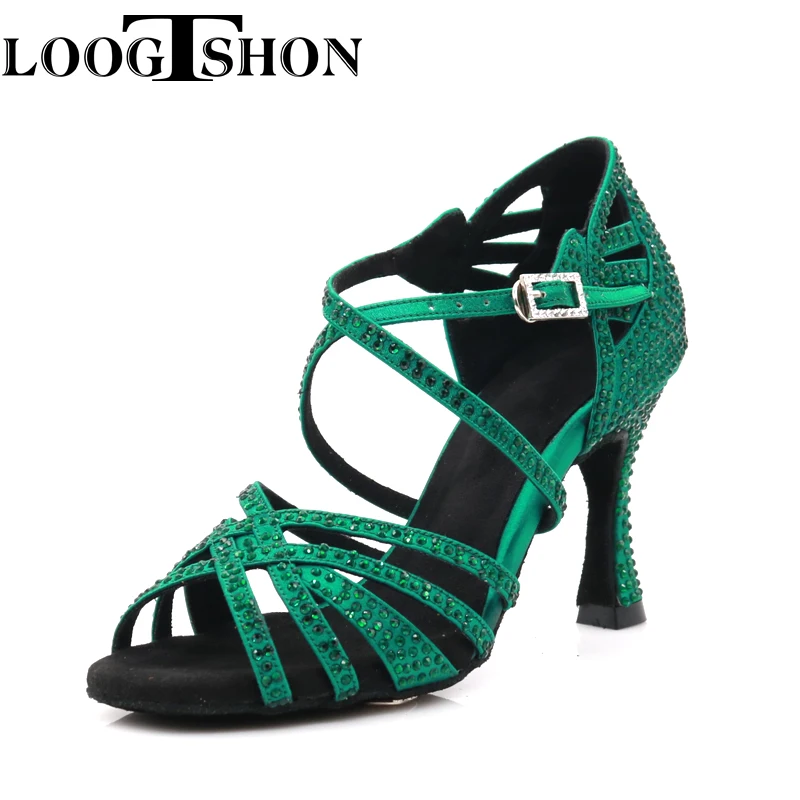 Logtshon salsa scarpe da ballo scarpe da ballo latino per donna, tacco 9CM, verde, scarpe da ballo flessibili per pantofole da ballo da donna