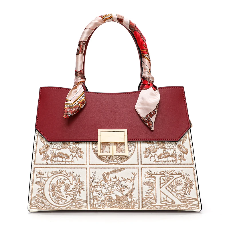 New high-end silk ribbon women\'s handbag top designer embroidered cowhide shoulder bag