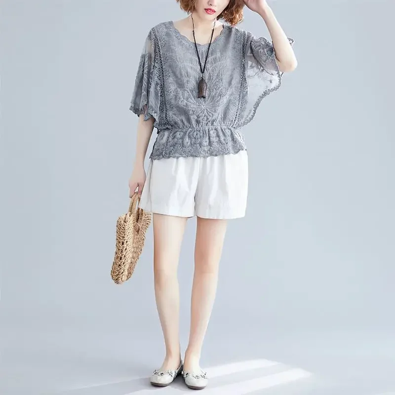 

Весна-лето 2022, женские блузки Outside The Fairy, кружевная рубашка большого размера, футболка с летучей мышью, женская футболка с короткими рукавами и вышивкой в стиле ретро