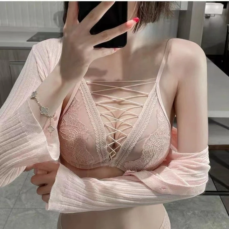 프랑스 섹시 란제리 세트, 작은 가슴을 위한 부드러운 와이어 푸쉬업 브라, 깊은 주름 레이스업 컷아웃, 순수한 룩, CA MOYISU 섹시 힙업 브라