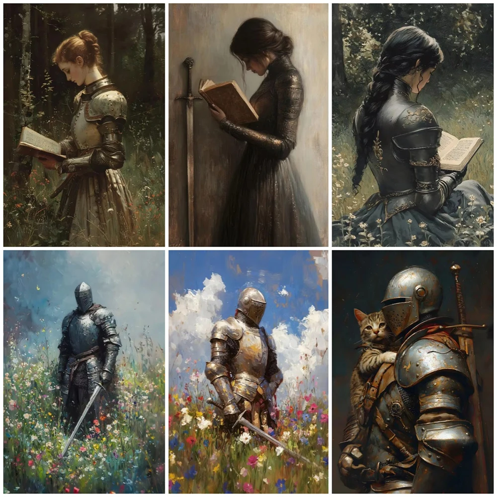 Vintage  Canvas Painting Dark Academia Medieval Knight in Wildflower Meadow Fantasy Sword Poster Prints Wall Art Pictures Decor