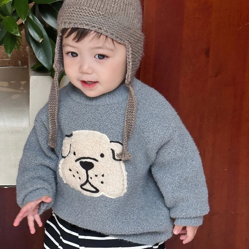 Cute Baby Autumn and Winter Korean Style Boys and Girls' Western Style Jacquard Thick Knitted Shirt Sweater