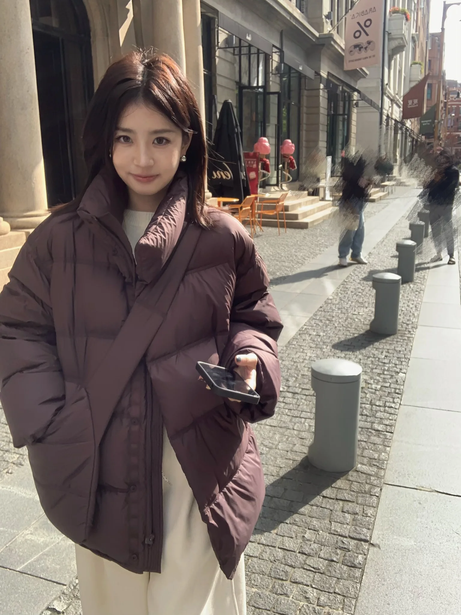 

Korean Sle Warmth Du down Jaet Coat Pure Color Zipper Closure Long Sve Mid-Length Loose Fit Ladies Faion