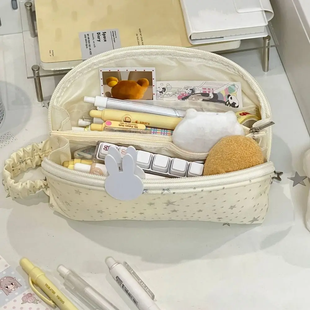Multi-Function Yellow Pencil Case Star Print Shell-shape Pencil Pouch Large Capacity With Handle Pen Bag School Office