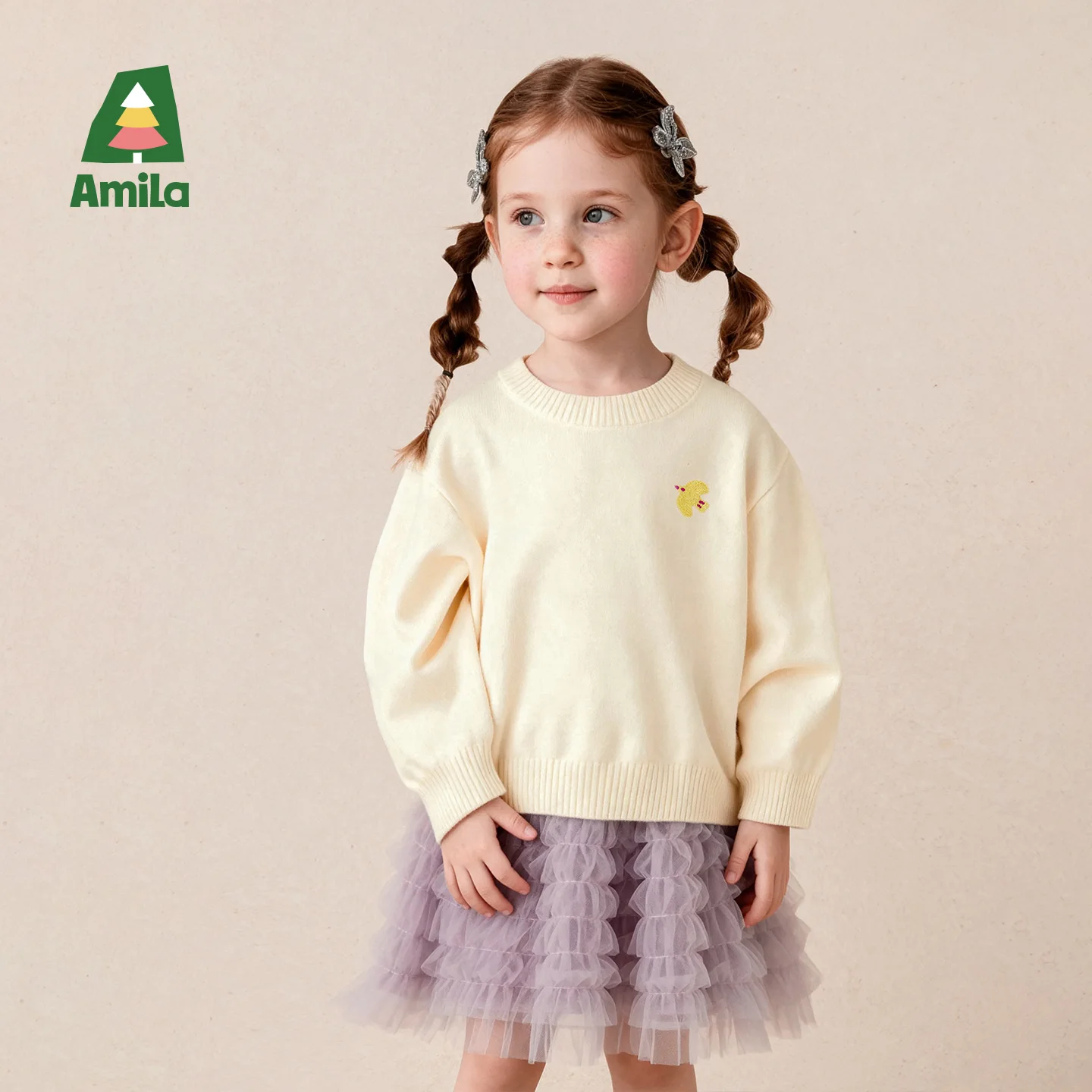 Amila 2026 Autumn New Kids Color Block Knit Top Four Color Playful Embroidery Extra Soft Skin Friendly Versatile Top