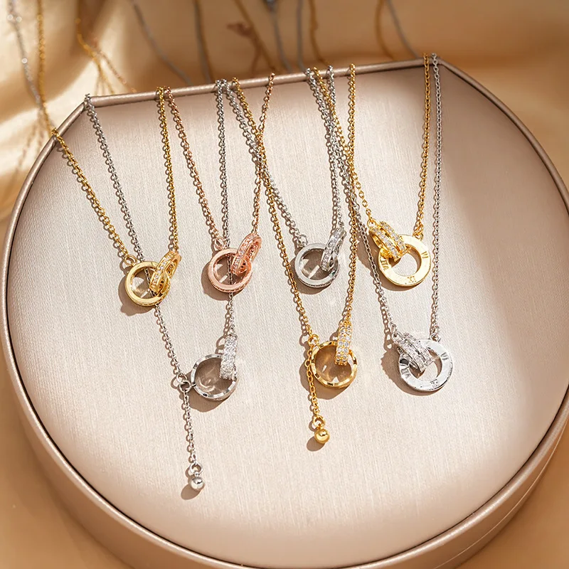 

Fashion Zircon Double Ring Necklace for Women Elegant Lady Luxury Clavicle Chain Gold Color Anti-Tarnish Titanium Steel Necklace