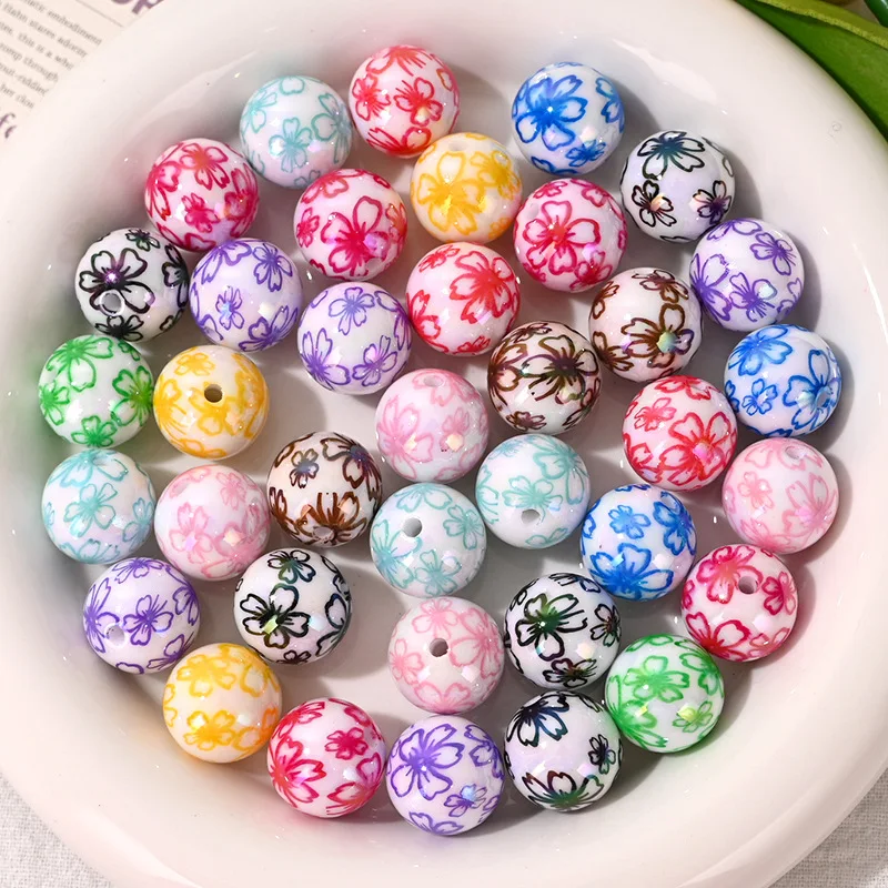 10PCS 16mm Mixed Style Acrylic Round Beads Flower Print Through Hole Beads For DIY Bracelet Necklace Jewelry Making