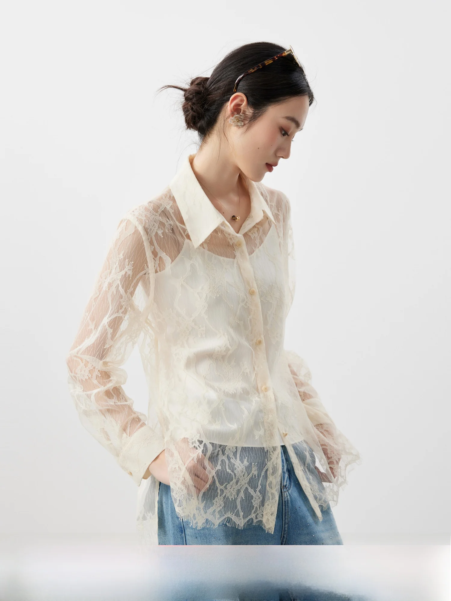 

Elegant Lace Shirt Women's Loose Fit Long Sleeve Floral Shadow 3D Embroidery Gentle Style Spring New Arrival by MIJOR