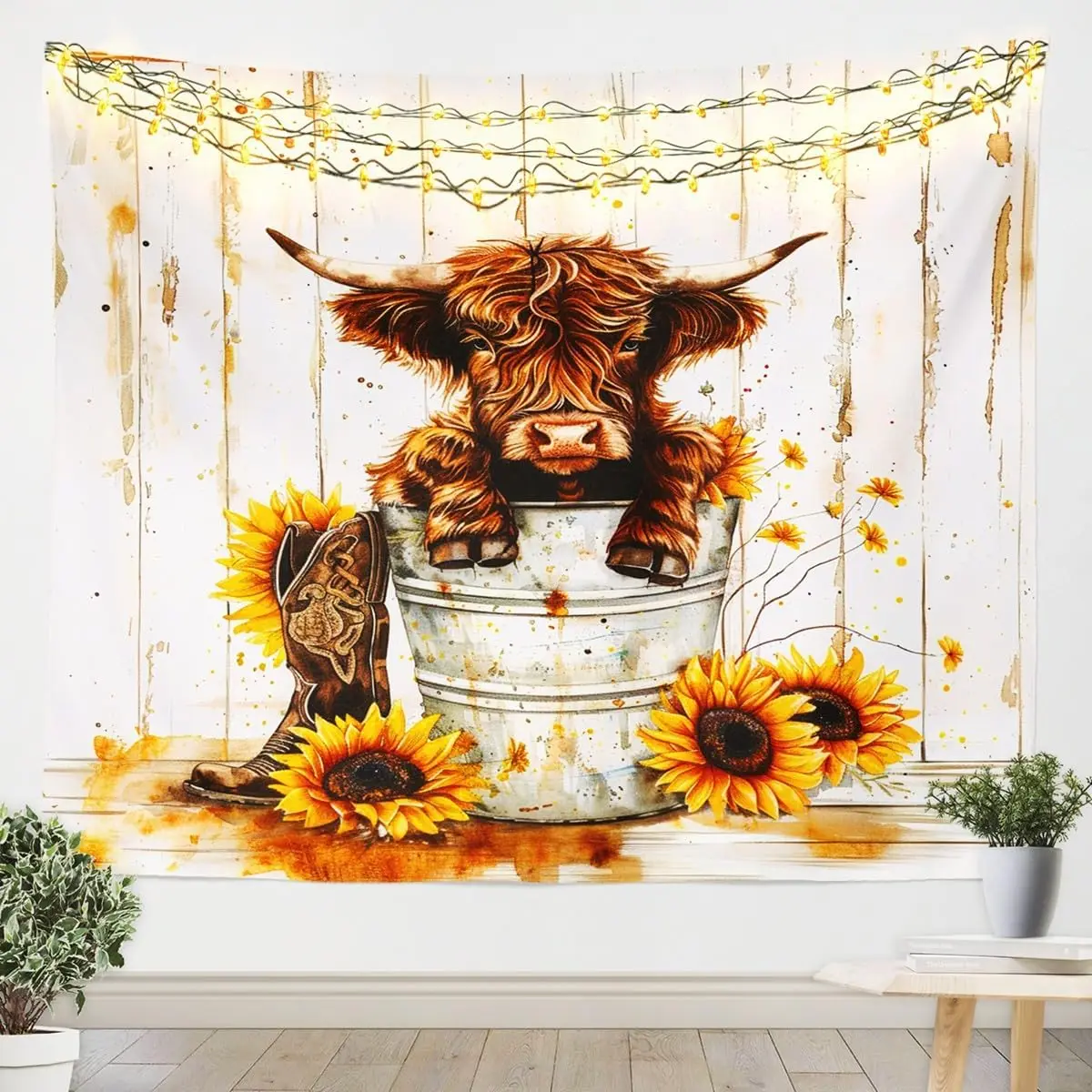 Rustic Farmhouse Tapestry Sunflower Cow Calf Decor Boho Autumn Wall Hanging Print Cottagecore Style 180x230cm