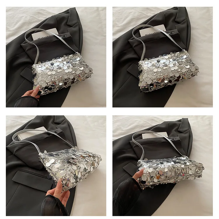 Neue Pailletten-Abendtasche, Schultertasche für Damen, leicht, tragbar, Damen-Umhängetasche mit Riemen, einfarbig, modische Handtasche für Frauen. – Detail 9