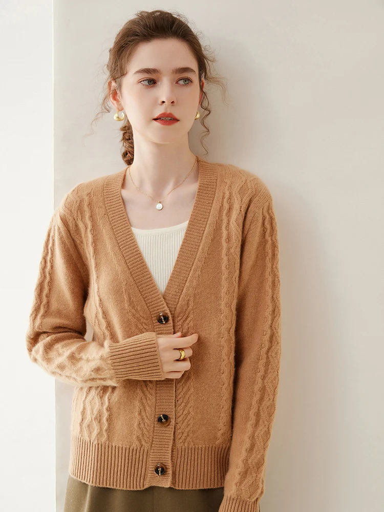 

New Chic Women Sweater V-neck Twist Flower Cardigan Autumn Winter 100% Cashmere Loose Casual Cashmere Knitwear Female Cloth