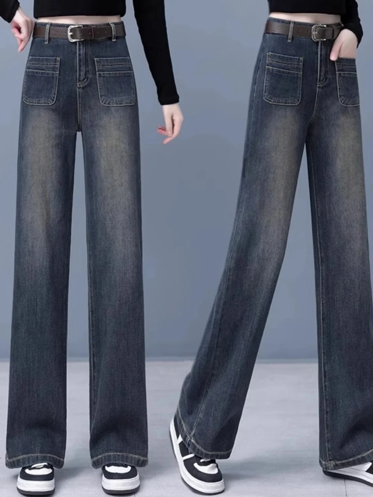 

High Waist Straight Leg Jeans Women's Loose Fit Slimming Wide Leg Pants Autumn Winter Faion plus Size Deep Blue Denim Jeans