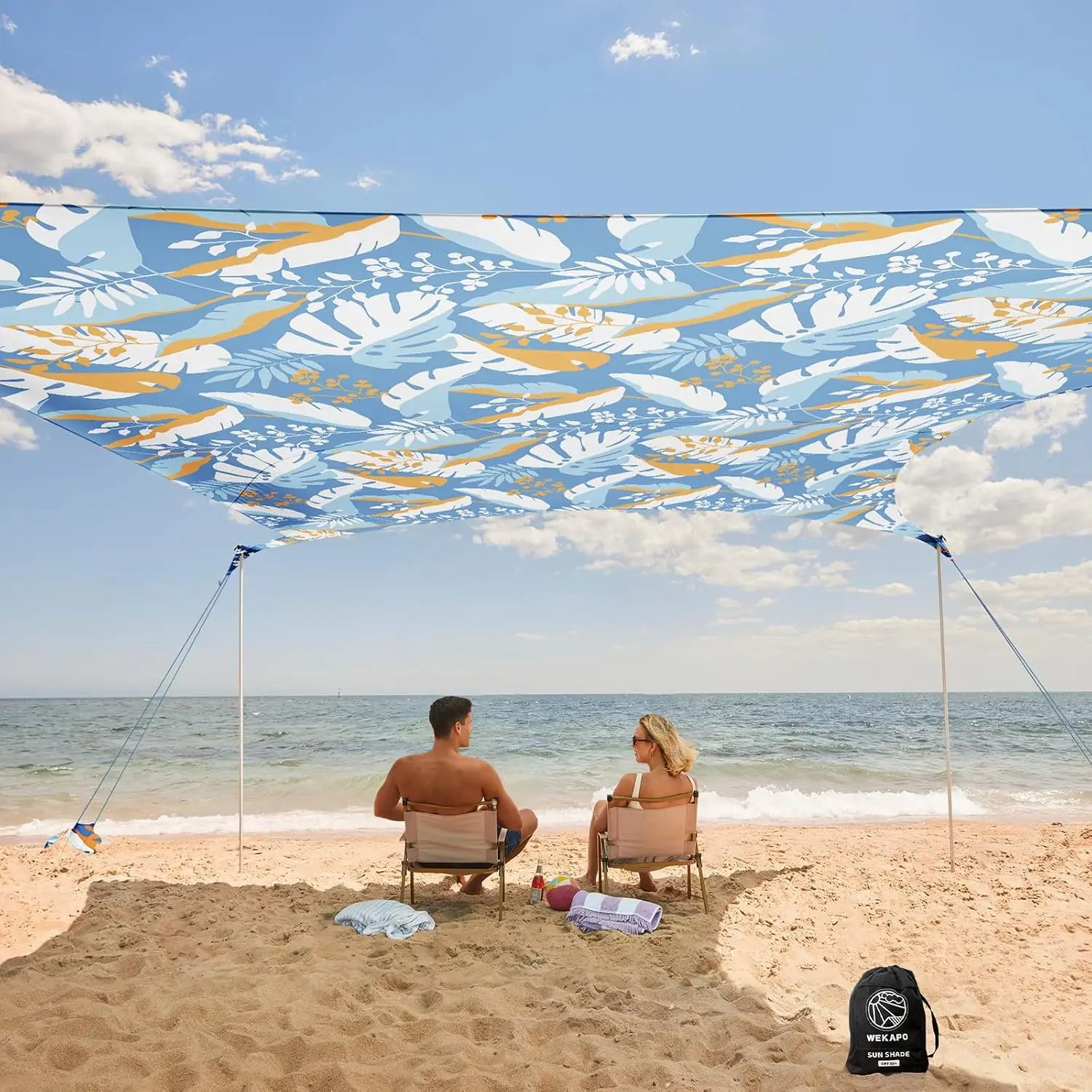 Beach Tent Sun Shelter - Easy Setup Beach Canopy with 4 Sturdy Poles, Large Sandbags and Shovel, 6'7'' Tall,