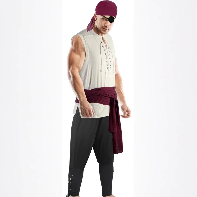 2-Piece Halloween Men's Renaissance Costume Set Medieval Pirate Shirt Ankle Strap Pants Comfortable Breathable and Skin-friendly