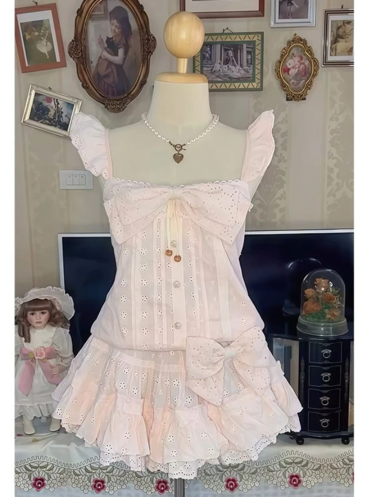 Japanse Kawaii stijl roze strik kantjurk dames schattige geruite trim losse pasvorm cake mini jurk zomer zoete casual party chique outfit