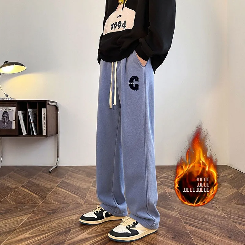 

Мужские повседневные брюки на флисовой подкладке, зимние теплые прямые брюки свободного кроя, спортивные брюки для подростков, молодежные модные брендовые брюки