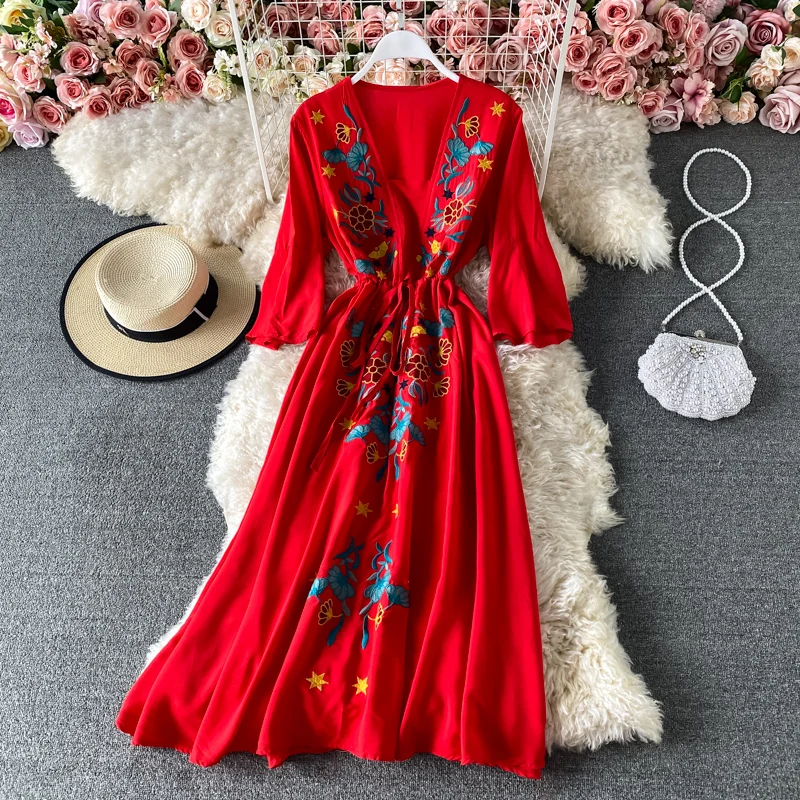 LY VAREY LIN 2022 New Spring Summer Women V-neck Embroidery Midi Dresses Casual Flare Sleeve Bohemian Female Dresses