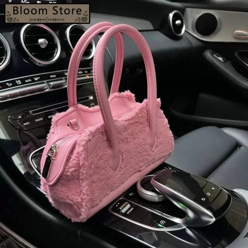 

Bloom Sweet Cute Plush Handbag Women Faux Shearling Panel Ladies 2025 New Autumn Winter Fashion Chic Shoulder Bag