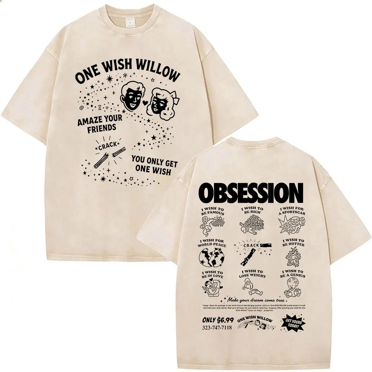 Movie Obsession One Wish Willow Vintage Washed T-Shirts für Männer und Frauen, Gothic, lässig, übergroß, kurzärmelig, O-Ausschnitt – Detail 7