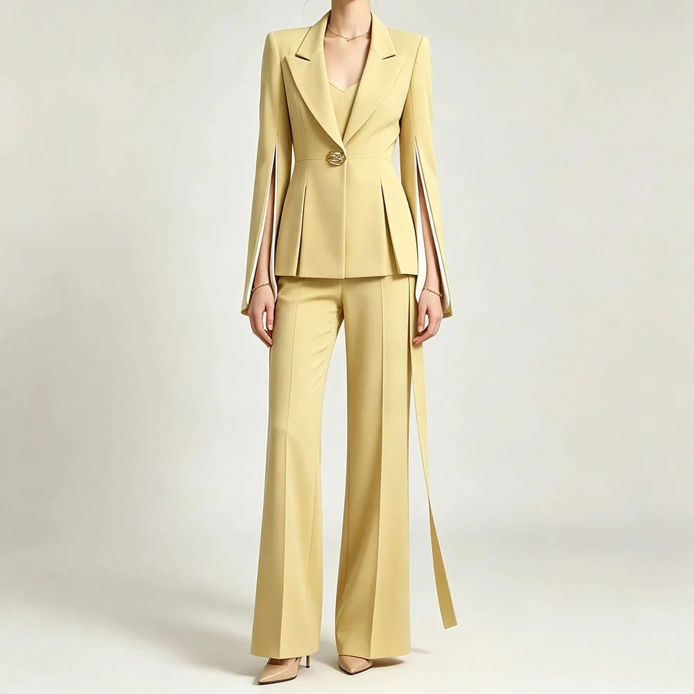 TWOTWINSTYLE Button Spliced Pleat Slimming Two Piece Sets for Women Lapel Collar Long Sleeve Coat High Waist Pants Sets Female
