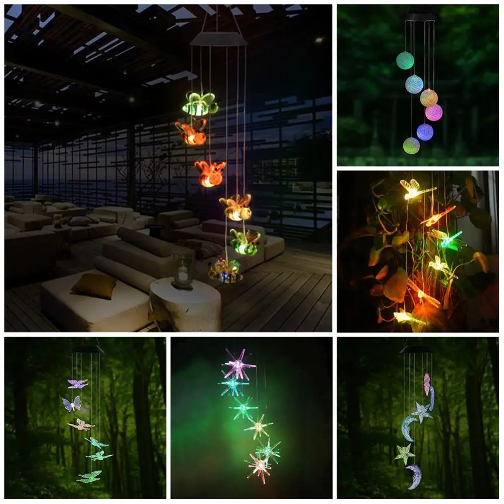 12 Kinds Of LED Solar Powered Butterfly Spiral Wind Chimes Light Hanging Lamp Outdoor Light Decorative Garden Light Windbell