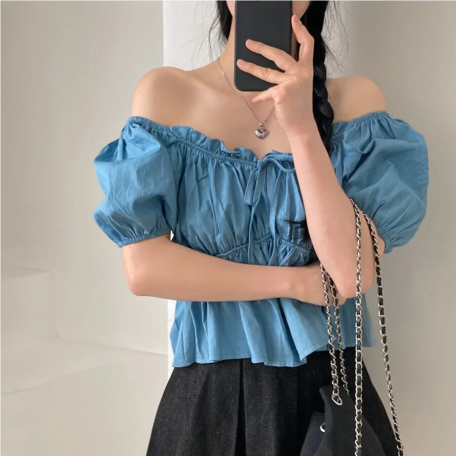 

Blue Denim Bubble Sleeve Short Shirt Women's Fashionable Waist-Cinching Straight-Belted Square-Necked Top Sweet Style Summer