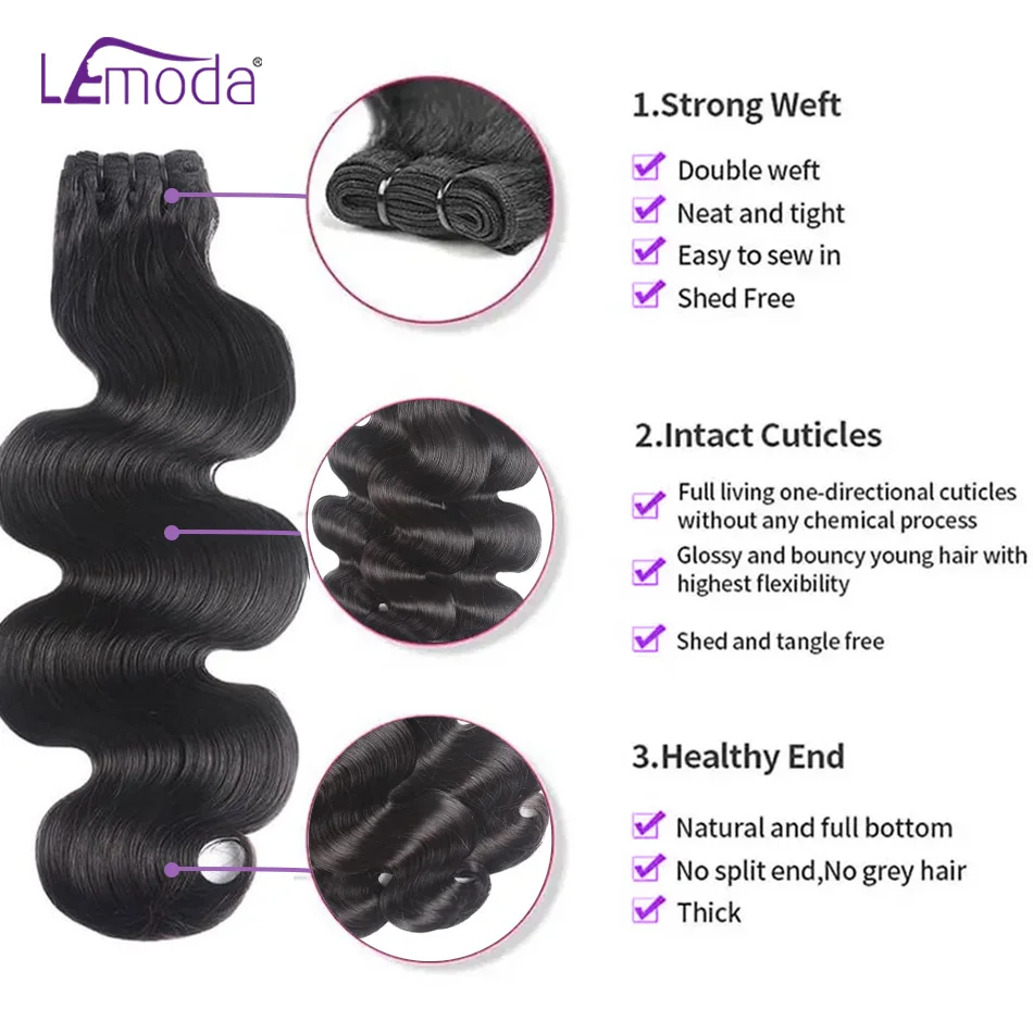 Lemoda Body Wave 15A Bundles Human Hair 30 32 Inches Unprocessed Raw Human Hair Extensions 1/2/3/4 Pcs Natural Black Virgin Hair