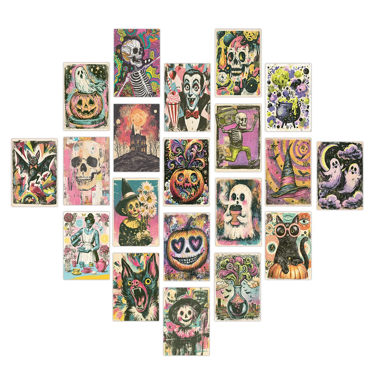 20 Stück Retro Geister-Skelett Grunge Halloween Collage Grußkarten, Gotische Gruselige Spukhaus Zimmer Wand Galerie Deko Postkarten