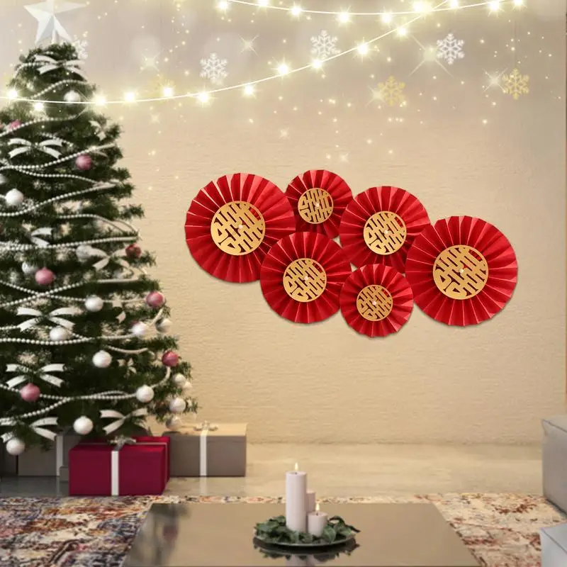 Round Paper Fans Decorations 6X New Year Red Folding Fans Parties Decorations Paper Fans Flower Backdrops Decorations For