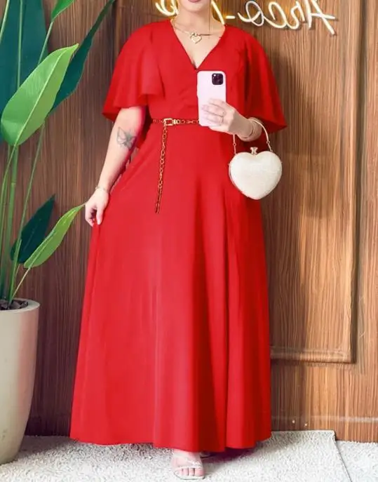 

Fashionable Women's Dress Summer New V-Neck Red Elegant Temperament Shawl Patchwork Short Sleeved Dress Suitable for Parties