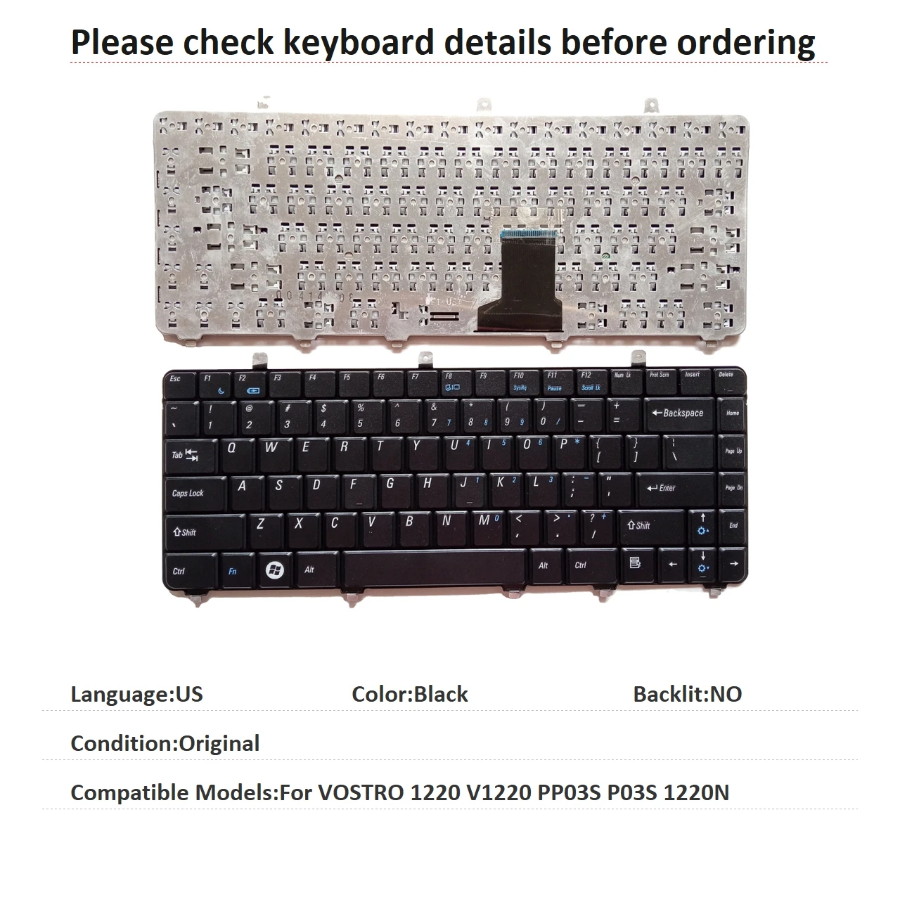 New US Language  Keyboard For Dell VOSTRO 1220 V1220 PP03S P03S 1220N Notebook PC Replacement Keyboard