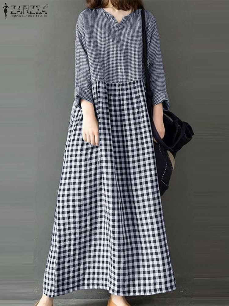 ZANZEA Spring Maxi Sundress Casual Women Long Sleeve Checked Dresses Patchwork Robe Femme Stylish Elegant Holiday Work Vestidos