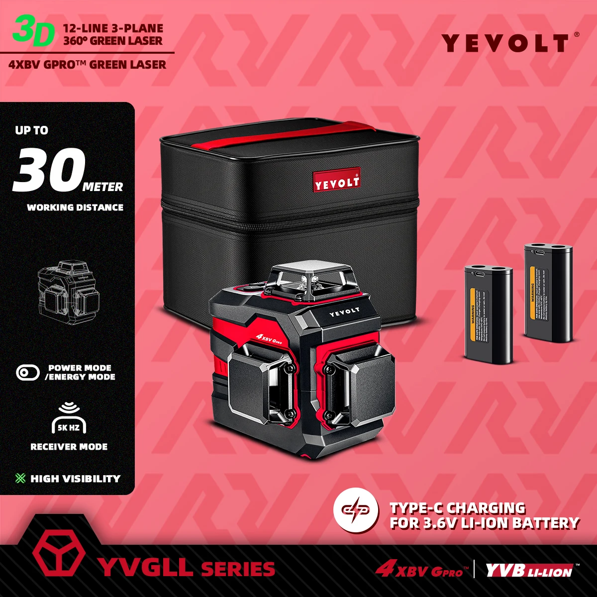 

YEVOLT YVGLL4XS12 Лазерный уровень 360° ° x3 12-линейный аккумулятор + USB двойной мощности, высокоточный напольный мастер, самовыравнивающийся, дальность действия 30 м