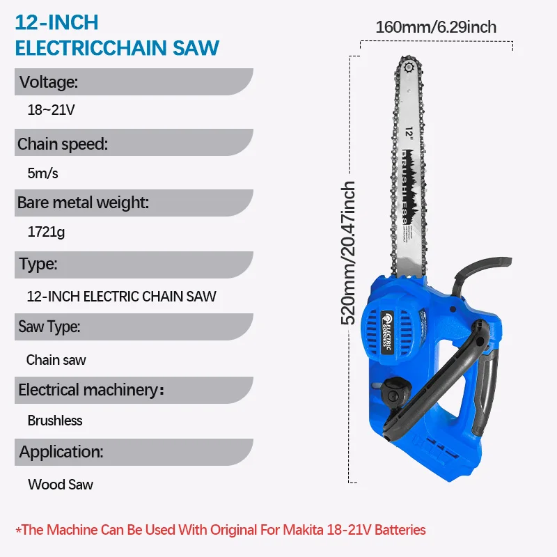 EGOD 12-inch Brushless Electric Chain Saw 5m/s Lithium Ion Multifunction Handheld Outdoor Logging Saw Fit Makita 18V Battery