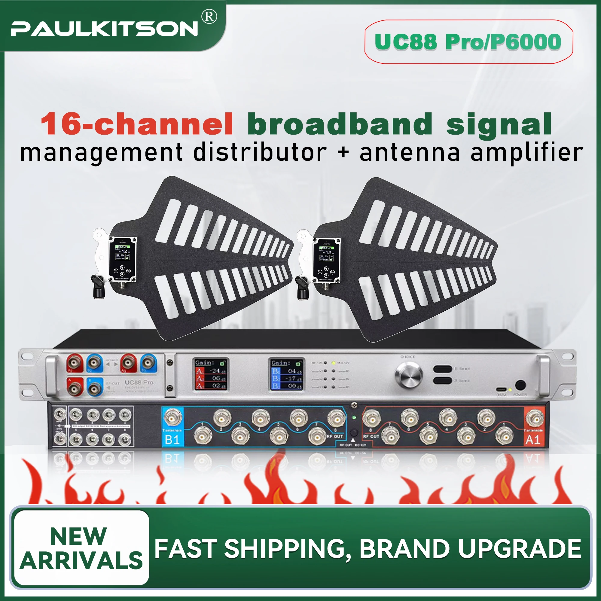 PAULKITSON UC88 Pro Antenna Distribution System Wireless Microphone RF Signal Booster 16Ch with 2 Active Antennas for Stage