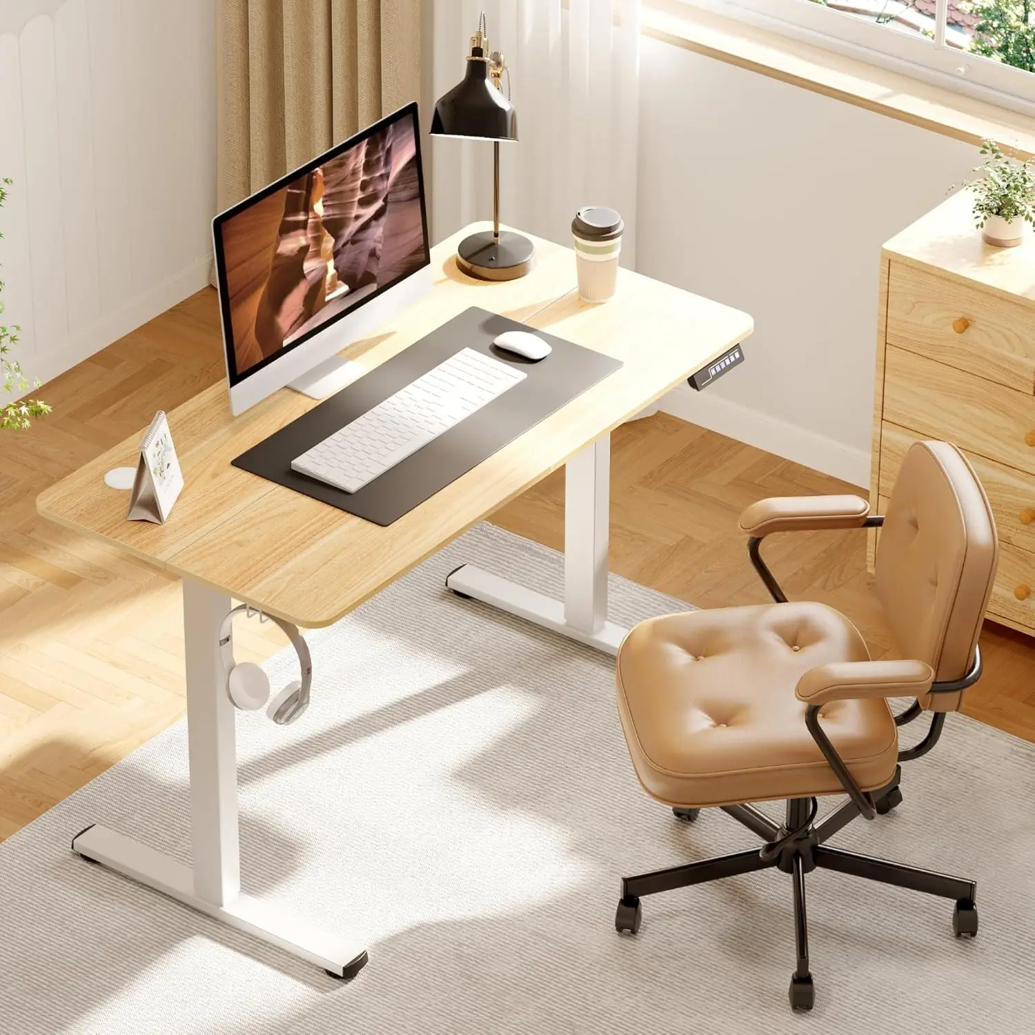 Adjustable Stand Up Desk,47 x 24 Inch Home Office Computer Desks with Charging USB Port Splice Maple Top White Frame