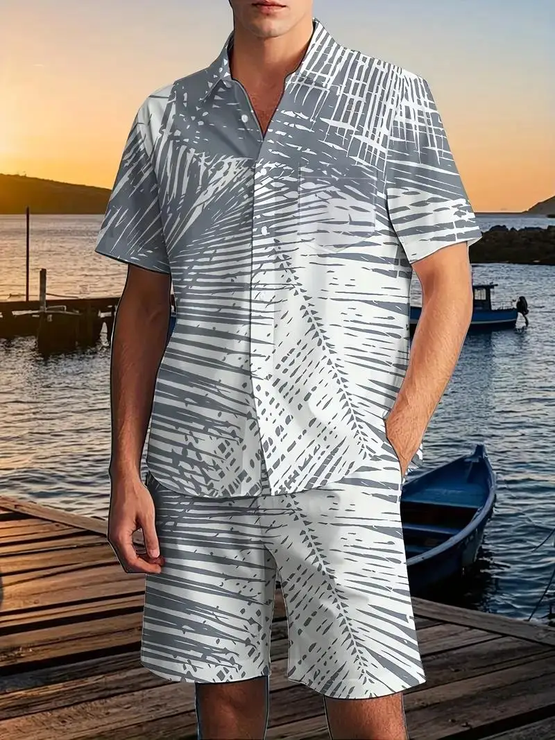 

Men's Hawaiian Beach Vacation Style Shirt set, Coconut Striped Colored shirt, short-sleeved solid-color Shorts