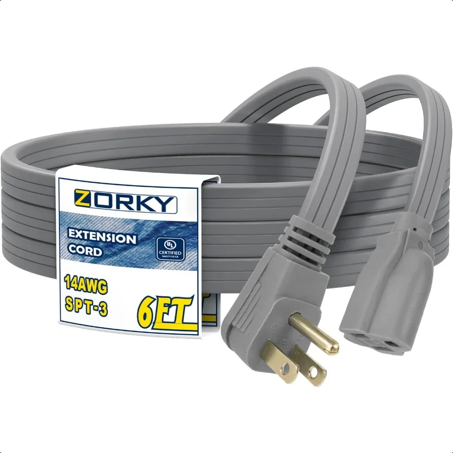6ft Flat Plug Gray Extension Cord 14 3 SPT3 Heavy Duty Appliance Extension CordExtension Cable with 3 Prong Grounded Plug for S