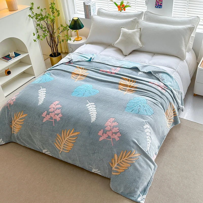 1PC Light Gray Blue Coral Fleece Blanket, Colorful Plant Leaf Pattern All-Season Warm Soft Skin-Friendly Bedding