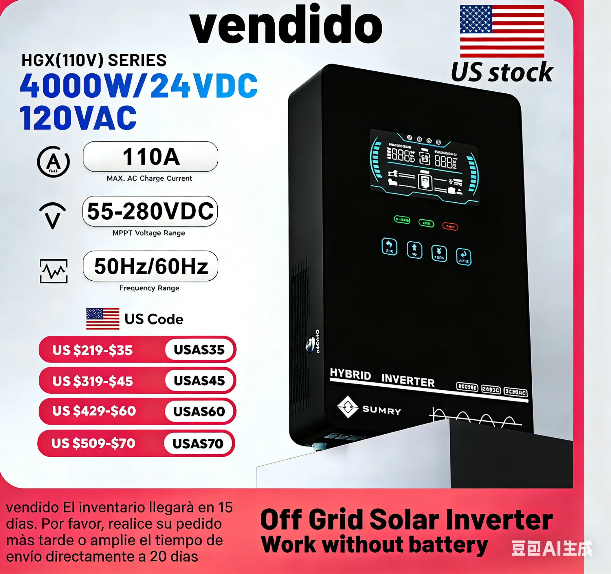 Sumry 4KW 120V Off Grid Solar Inverter 24V 140A 5600W MPPT Charger Pure Sine Wave Home Inverter 6.25 Inch LCD Display
