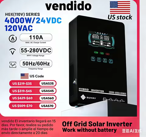 Sumry 4KW 120V Off Grid Solar Inverter 24V 140A 5600W MPPT Charger Pure Sine Wave Home Inverter 6.25 Inch LCD Display