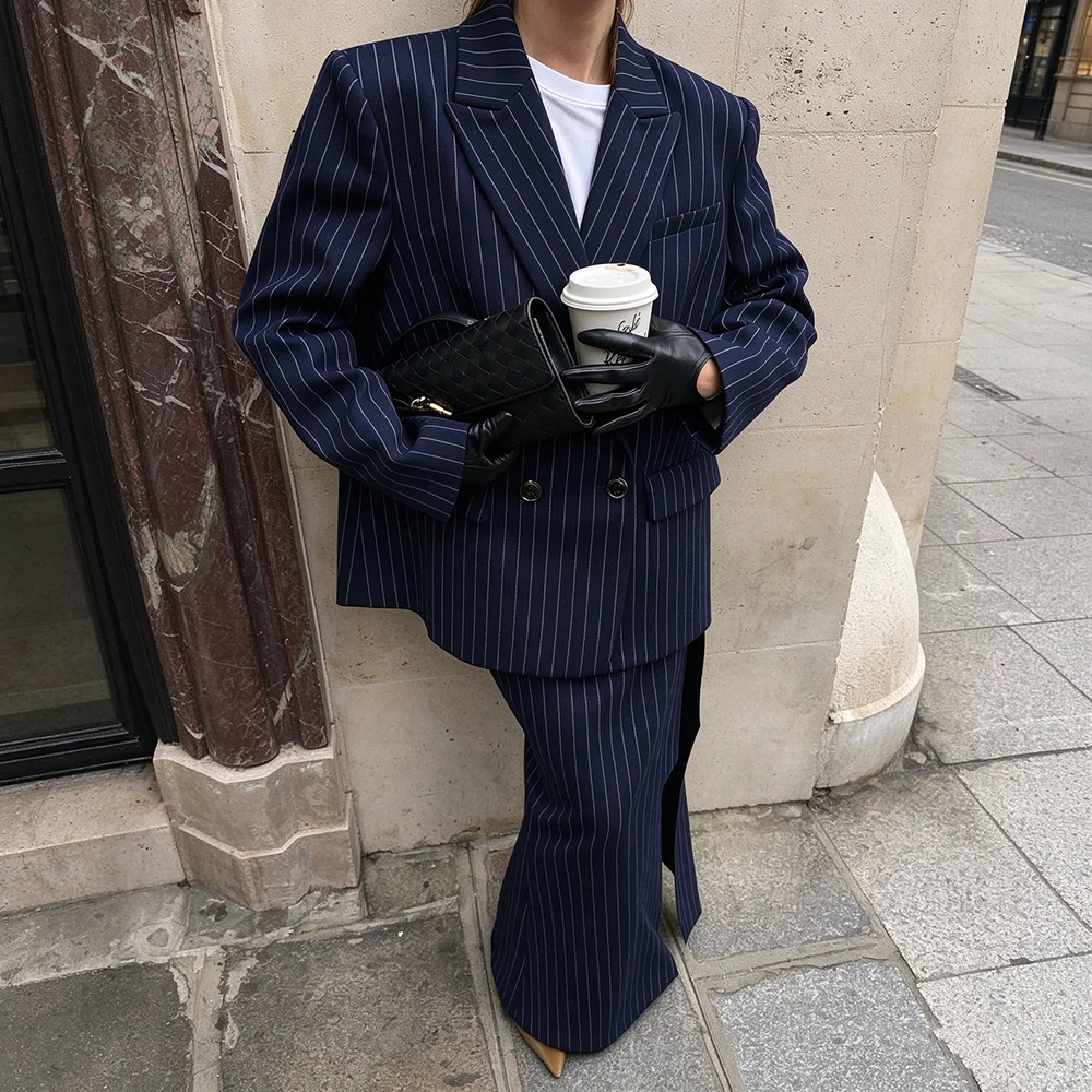 Classic Navy Blue Stripe Women’s Suit 2 Piece Peak Lapel Double Breasted Female Outfits Fashion Formal Set (Blazer+Skirt)