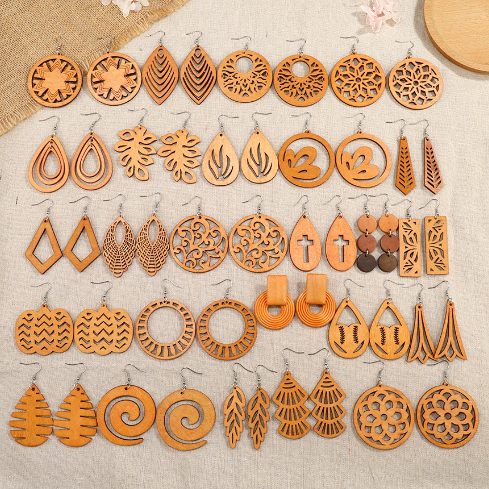 

12Pairs/lot Mixed Designs Hollow Butterfly Flower Wooden Earrings for Women Bohemia Heart Wood Dangle Earrings Boho Jewelry Bulk