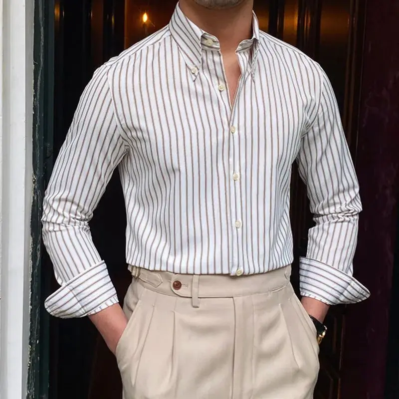 Retro Striped Casual Shirt Dress Men's  Collar Fleece Lined Thickened Special Wide Fit Autumn Fashion Men's Clothing