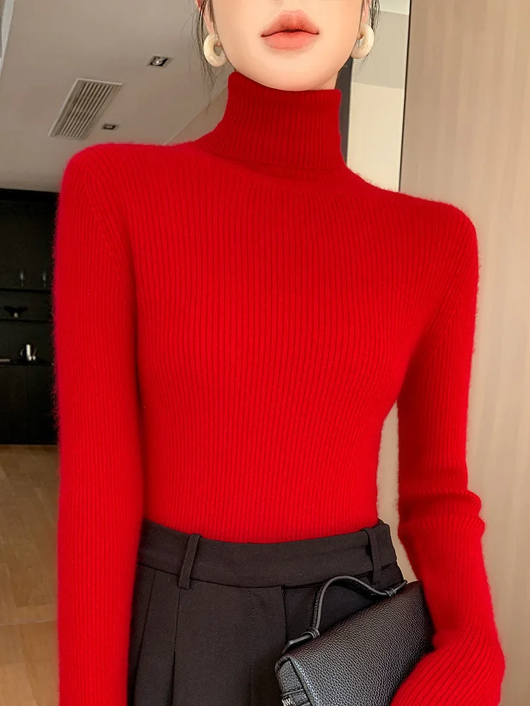 Women\'s High Neck Knitted Sweater, Korean Version, Slim, Long Sleeve, Solid Simple, Basic Style, Knit Pullover Top, Autumn, New