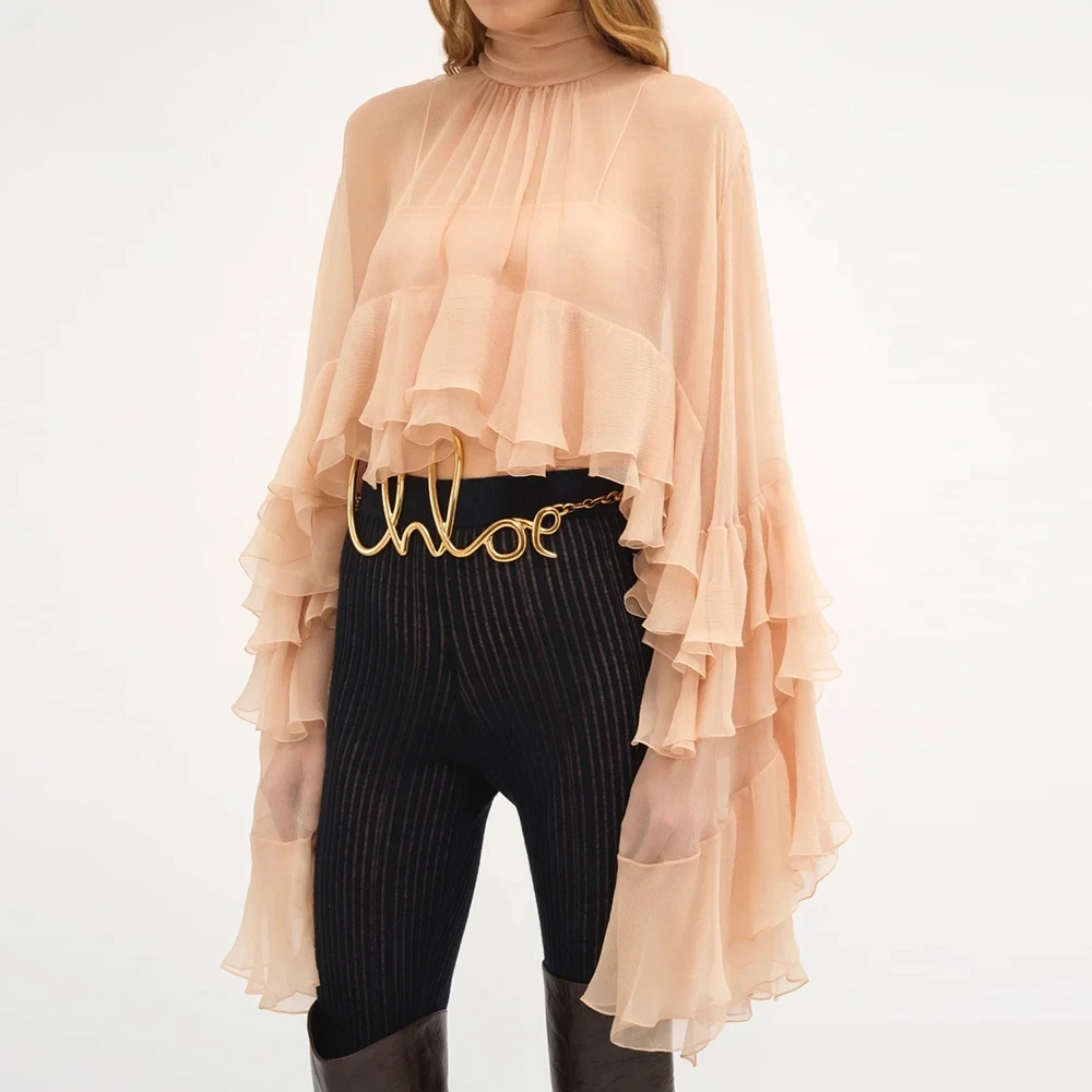 

Solid Summer Spliced Sheer Ruffles Blouses For Women High Neck Flare Sleeve Temperament Short Designer Shirts Female Fashion