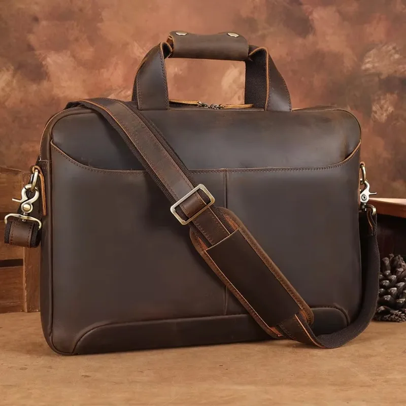 Men Genuine Leather Computer Laptop Briefcases Crazy Horse  15.6 inches  Full Grain  Briefcase Business Bag