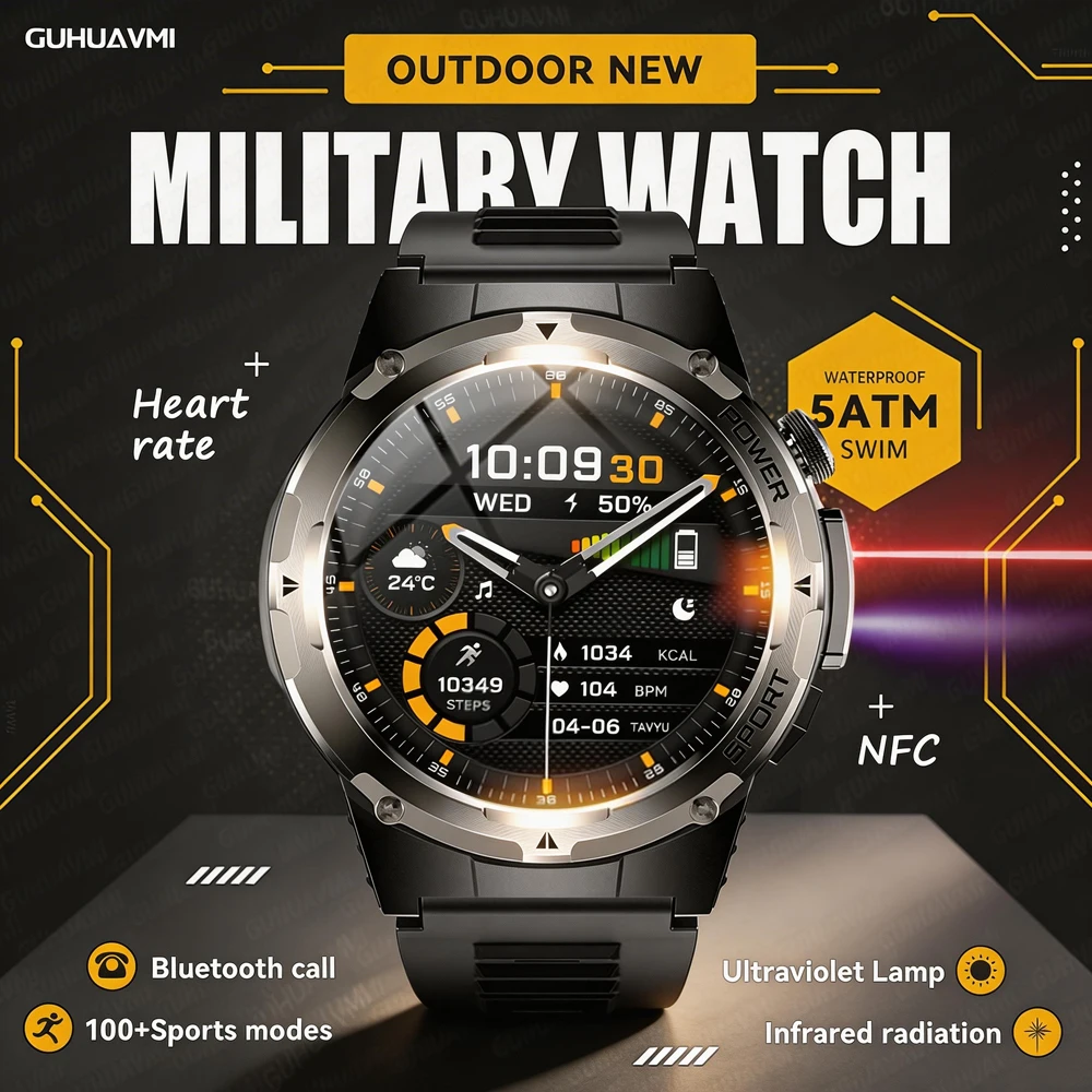 

2026New Smart NFC Military Watch 5ATM Swim 365nm UV+ infrared Fitness tracker 500mAh Battery Bluetooth Call Heart SmartWatch Men